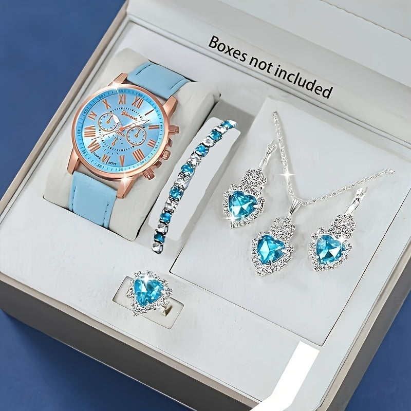Relógio de Pulso Elegante com Conjunto de Joias Feminino - Mostrador Analógico-Digital Resistente a Impactos, Pulseira de Couro PU, Caixa de Liga de Zinco, Acessório Coração Azul - Presente Perfeito para o Dia das Mães
