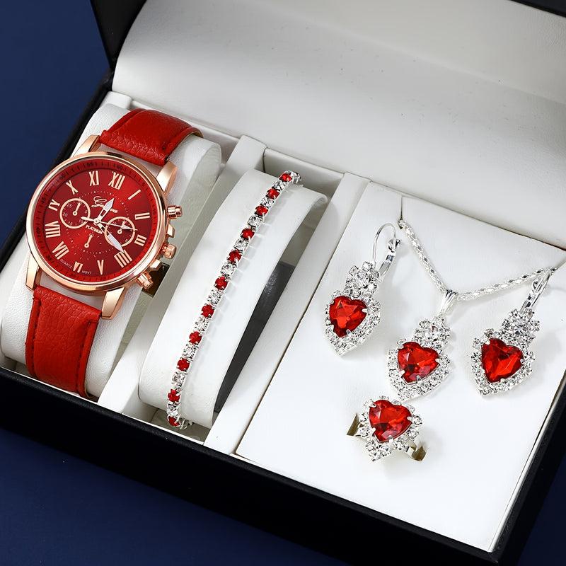 Relógio de Pulso Elegante com Conjunto de Joias Feminino - Mostrador Analógico-Digital Resistente a Impactos, Pulseira de Couro PU, Caixa de Liga de Zinco, Acessório Coração Azul - Presente Perfeito para o Dia das Mães
