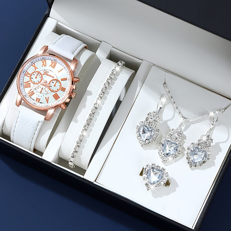 Relógio de Pulso Elegante com Conjunto de Joias Feminino - Mostrador Analógico-Digital Resistente a Impactos, Pulseira de Couro PU, Caixa de Liga de Zinco, Acessório Coração Azul - Presente Perfeito para o Dia das Mães
