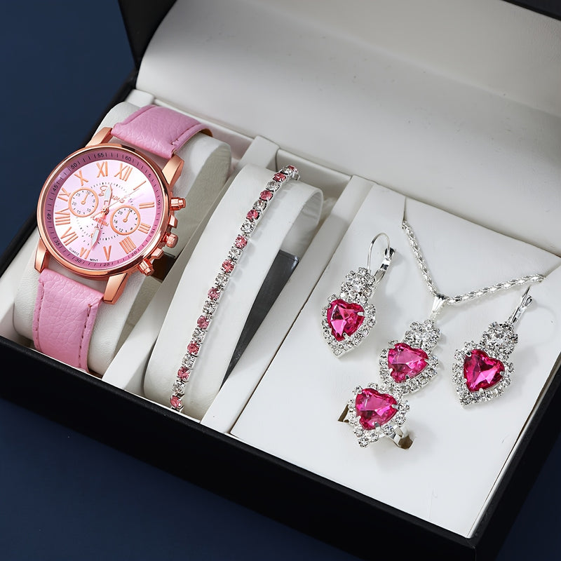 Relógio de Pulso Elegante com Conjunto de Joias Feminino - Mostrador Analógico-Digital Resistente a Impactos, Pulseira de Couro PU, Caixa de Liga de Zinco, Acessório Coração Azul - Presente Perfeito para o Dia das Mães