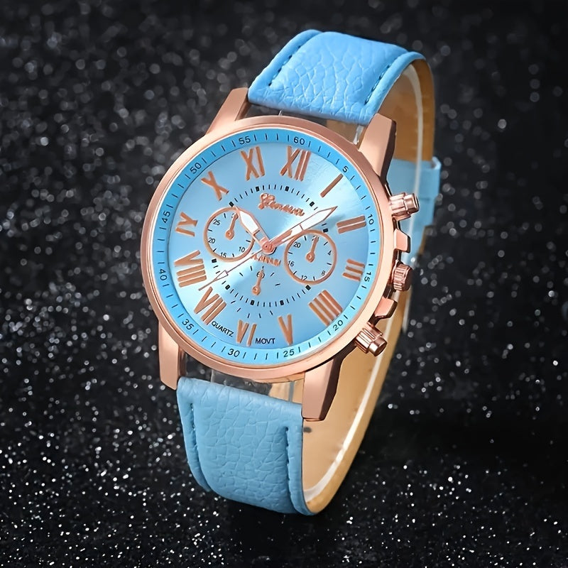 Relógio de Pulso Elegante com Conjunto de Joias Feminino - Mostrador Analógico-Digital Resistente a Impactos, Pulseira de Couro PU, Caixa de Liga de Zinco, Acessório Coração Azul - Presente Perfeito para o Dia das Mães