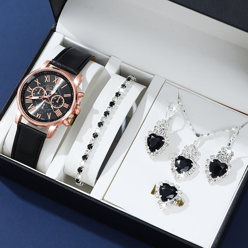Relógio de Pulso Elegante com Conjunto de Joias Feminino - Mostrador Analógico-Digital Resistente a Impactos, Pulseira de Couro PU, Caixa de Liga de Zinco, Acessório Coração Azul - Presente Perfeito para o Dia das Mães
