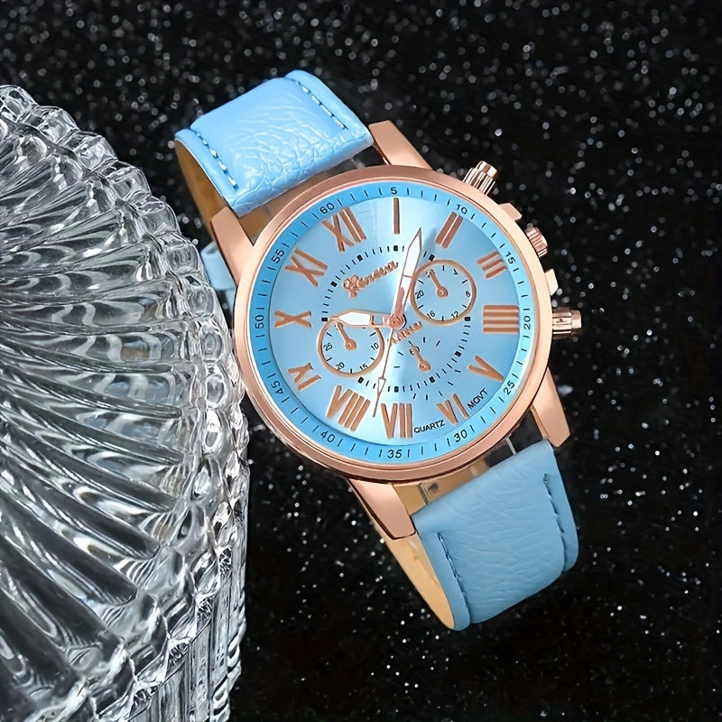 Relógio de Pulso Elegante com Conjunto de Joias Feminino - Mostrador Analógico-Digital Resistente a Impactos, Pulseira de Couro PU, Caixa de Liga de Zinco, Acessório Coração Azul - Presente Perfeito para o Dia das Mães